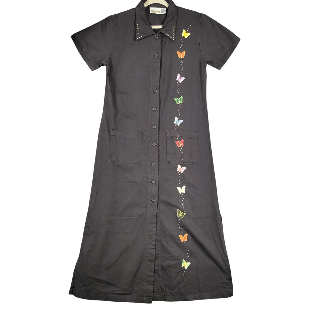 HOT NAMES Black Butterfly Embroidered Short Sleeve Midi Diner Dress SIZE MEDIUM